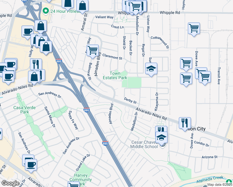 map of restaurants, bars, coffee shops, grocery stores, and more near 2418 Almaden Boulevard in Union City