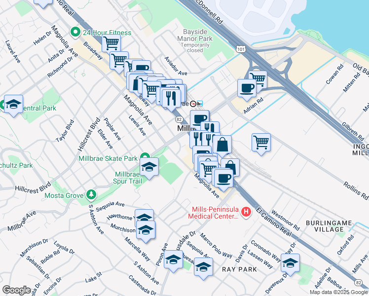map of restaurants, bars, coffee shops, grocery stores, and more near 2 Millbrae Circle in Millbrae