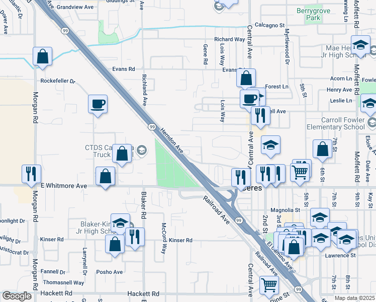 map of restaurants, bars, coffee shops, grocery stores, and more near 2118 Herndon Road in Ceres