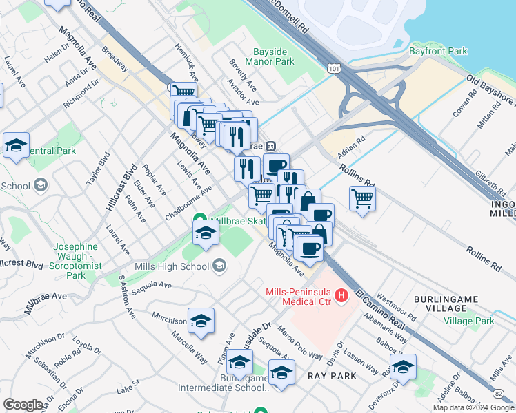 map of restaurants, bars, coffee shops, grocery stores, and more near 88 South Broadway in Millbrae