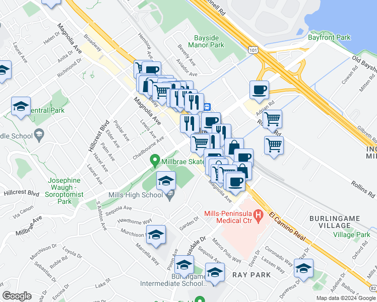 map of restaurants, bars, coffee shops, grocery stores, and more near 88 South Broadway in Millbrae