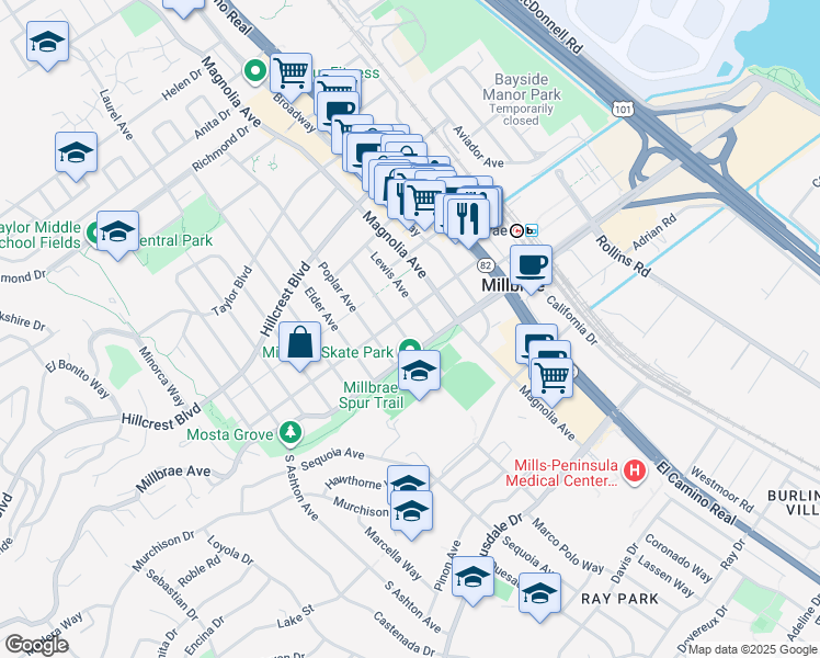 map of restaurants, bars, coffee shops, grocery stores, and more near 85 Lewis Avenue in Millbrae
