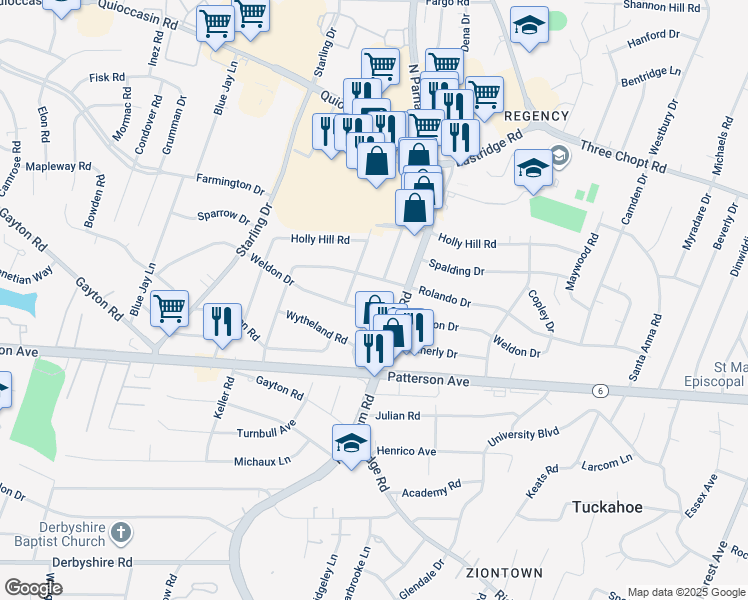 map of restaurants, bars, coffee shops, grocery stores, and more near 8607 Rolando Drive in Richmond