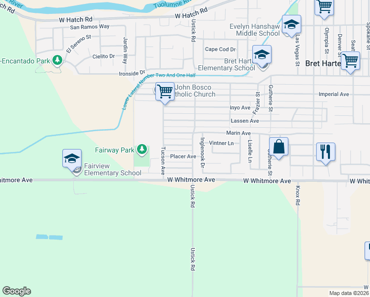 map of restaurants, bars, coffee shops, grocery stores, and more near 1509 Modoc Avenue in Modesto