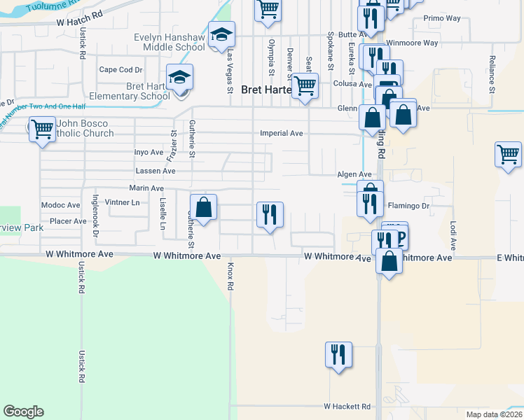 map of restaurants, bars, coffee shops, grocery stores, and more near 621 Park Hurst Way in Modesto