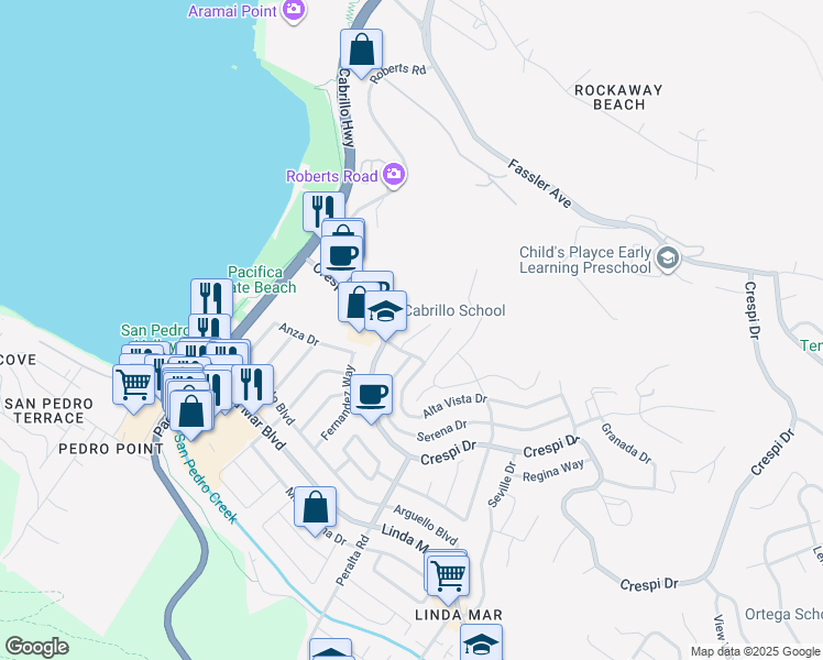 map of restaurants, bars, coffee shops, grocery stores, and more near 15 Ortega Court in Pacifica