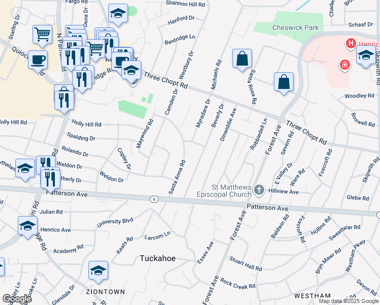 map of restaurants, bars, coffee shops, grocery stores, and more near 1221 Santa Anna Road in Richmond