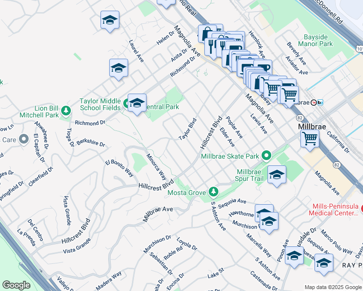 map of restaurants, bars, coffee shops, grocery stores, and more near 711 Taylor Boulevard in Millbrae