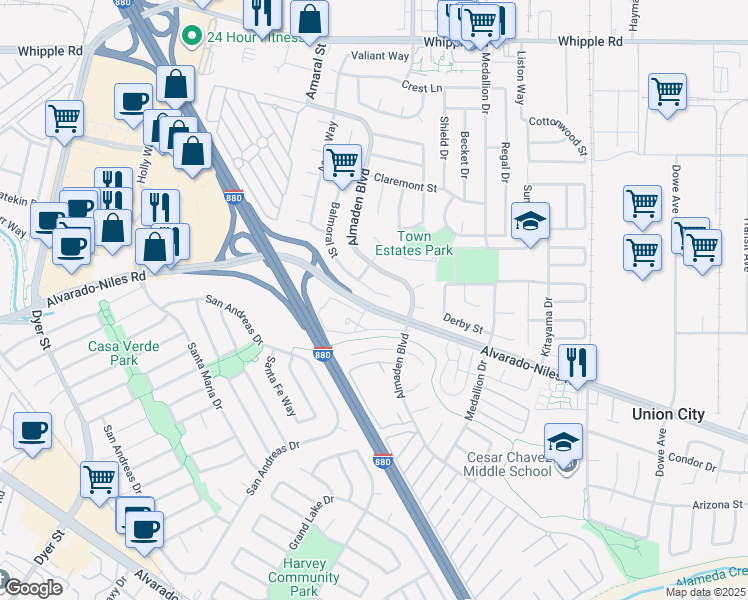 map of restaurants, bars, coffee shops, grocery stores, and more near 2432 Balmoral Street in Union City