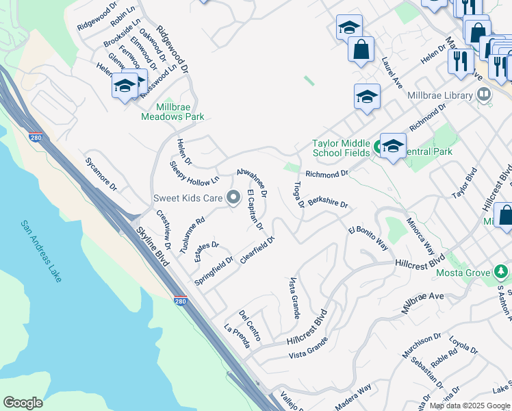 map of restaurants, bars, coffee shops, grocery stores, and more near 870 Ahwahnee Drive in Millbrae
