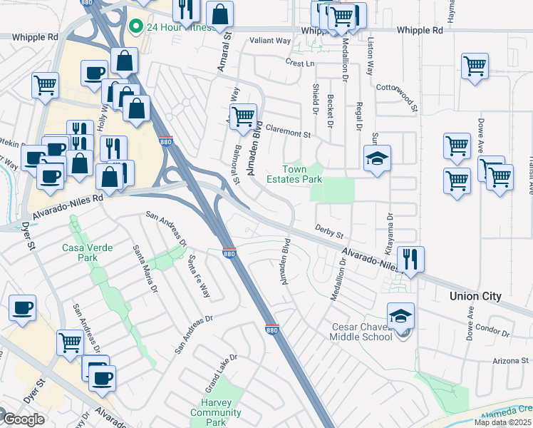 map of restaurants, bars, coffee shops, grocery stores, and more near 2432 Balmoral Street in Union City
