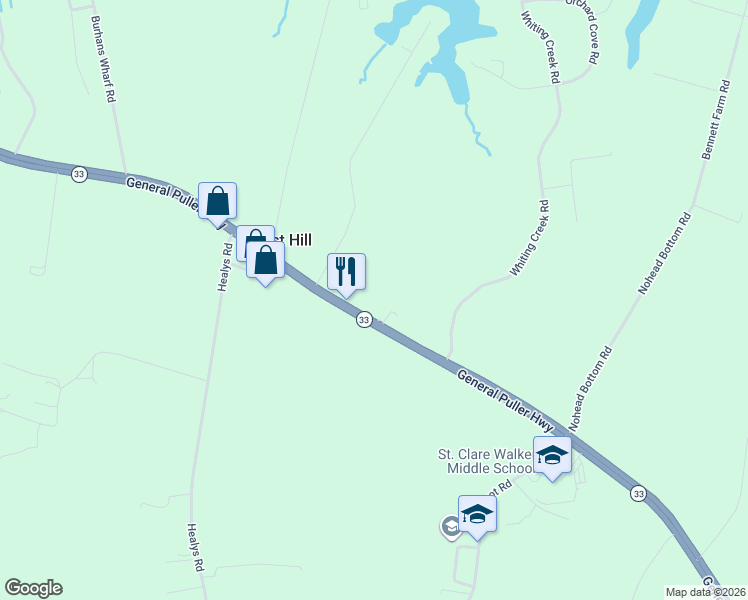 map of restaurants, bars, coffee shops, grocery stores, and more near 6203 General Puller Highway in Locust Hill