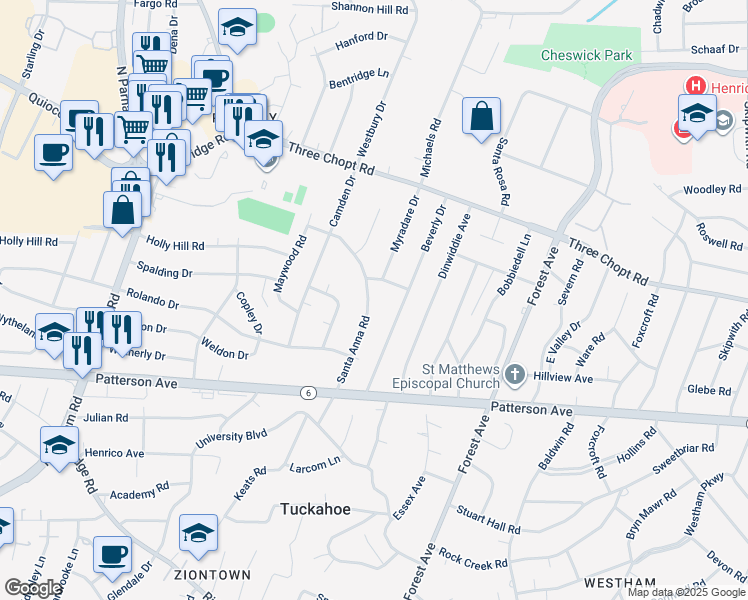 map of restaurants, bars, coffee shops, grocery stores, and more near 1221 Santa Anna Road in Richmond