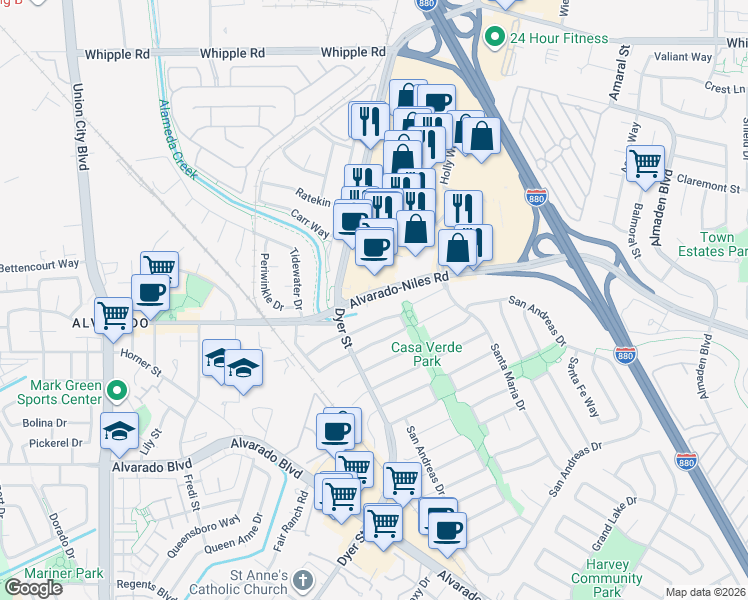 map of restaurants, bars, coffee shops, grocery stores, and more near 31131 Alvarado-Niles Road in Union City