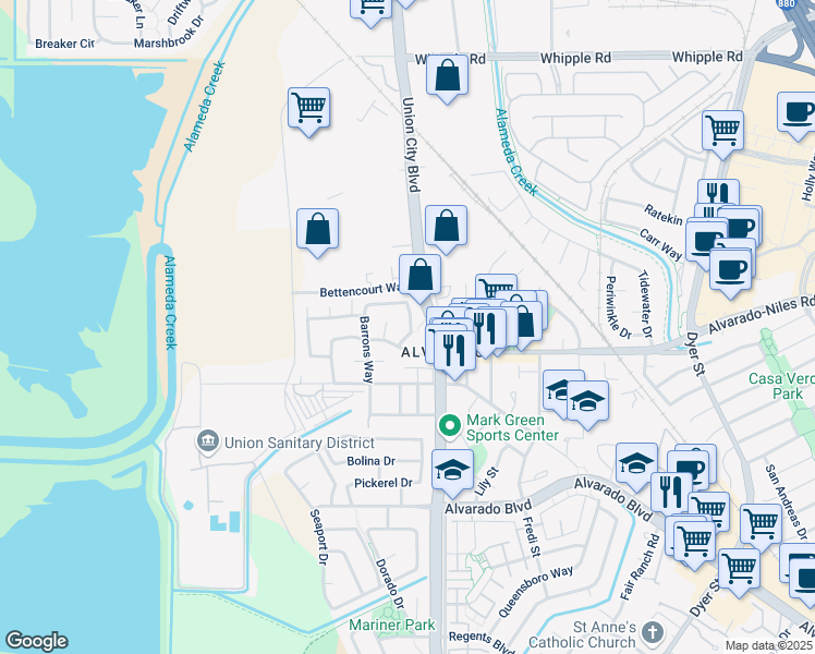 map of restaurants, bars, coffee shops, grocery stores, and more near 30725 Union City Boulevard in Union City