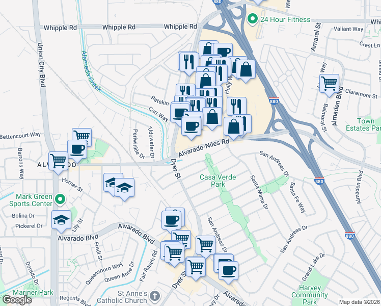 map of restaurants, bars, coffee shops, grocery stores, and more near 31127 Alvarado-Niles Road in Union City