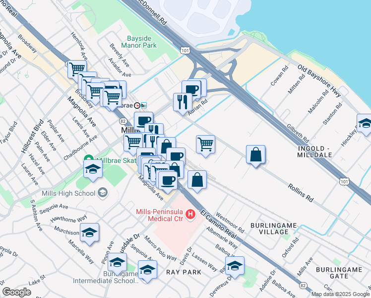 map of restaurants, bars, coffee shops, grocery stores, and more near 50 Broderick Road in Burlingame