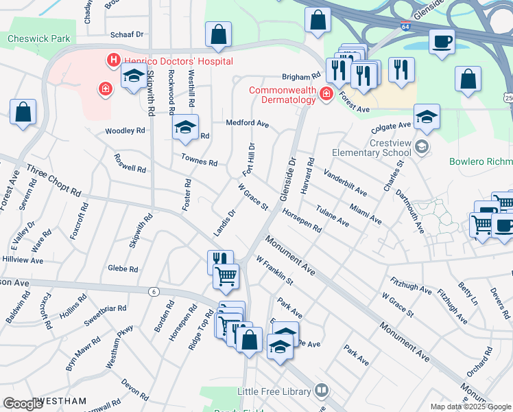 map of restaurants, bars, coffee shops, grocery stores, and more near 7109 West Grace Street in Richmond