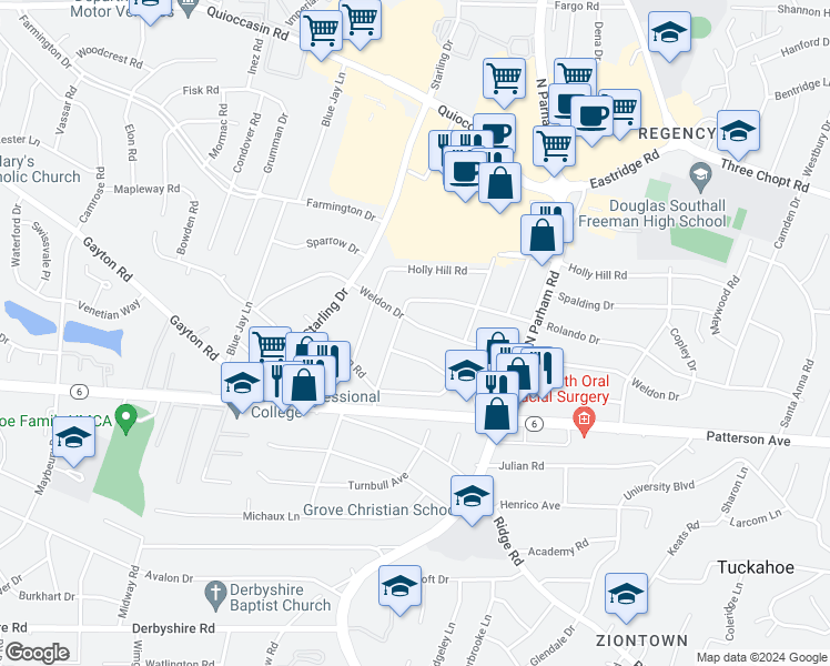 map of restaurants, bars, coffee shops, grocery stores, and more near 8719 Weldon Drive in Richmond