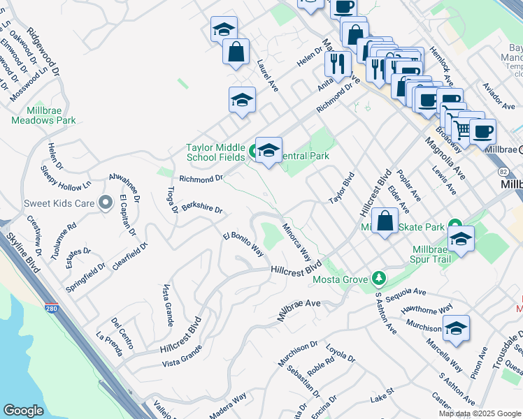map of restaurants, bars, coffee shops, grocery stores, and more near 28 Camino Alto in Millbrae