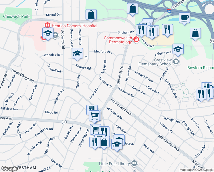 map of restaurants, bars, coffee shops, grocery stores, and more near 7109 West Grace Street in Richmond
