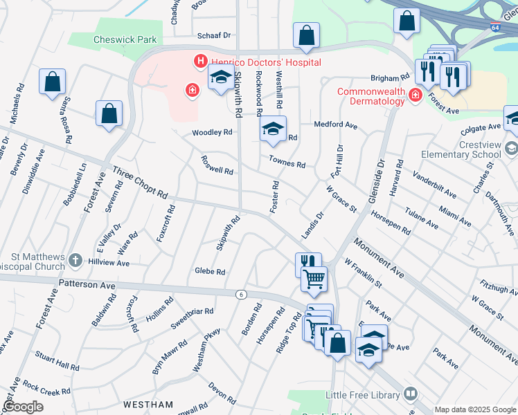 map of restaurants, bars, coffee shops, grocery stores, and more near 7404 Three Chopt Road in Richmond