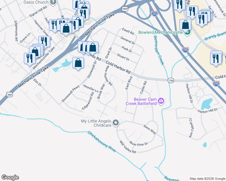 map of restaurants, bars, coffee shops, grocery stores, and more near 7163 New Hunter Road in Mechanicsville
