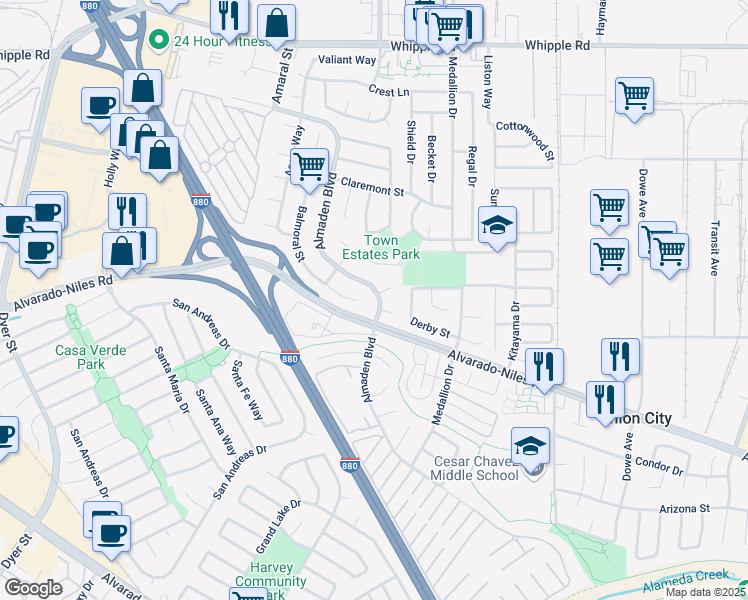 map of restaurants, bars, coffee shops, grocery stores, and more near 2418 Almaden Boulevard in Union City
