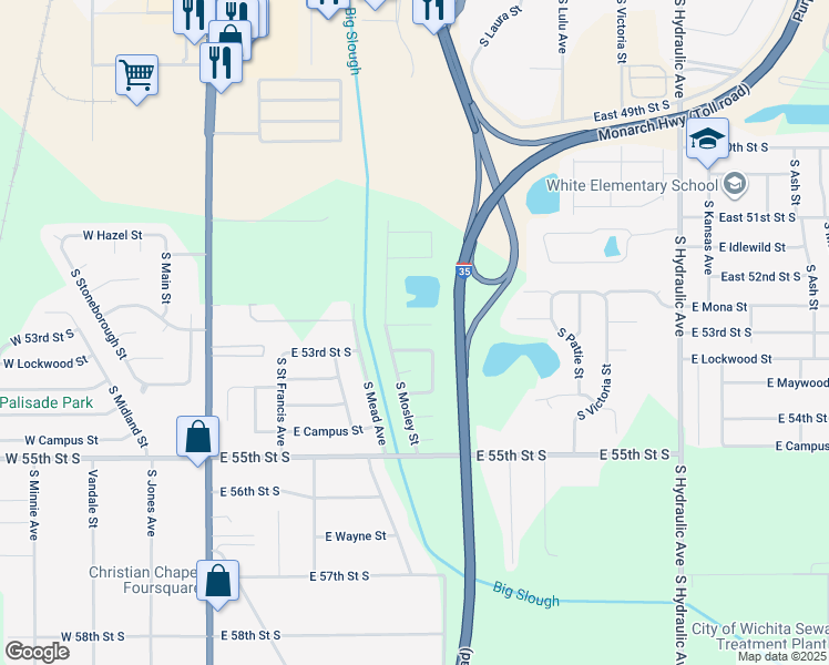 map of restaurants, bars, coffee shops, grocery stores, and more near 925 East Mona Circle in Wichita