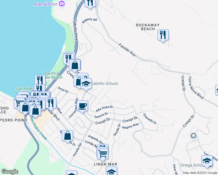 map of restaurants, bars, coffee shops, grocery stores, and more near 674 Corona Drive in Pacifica