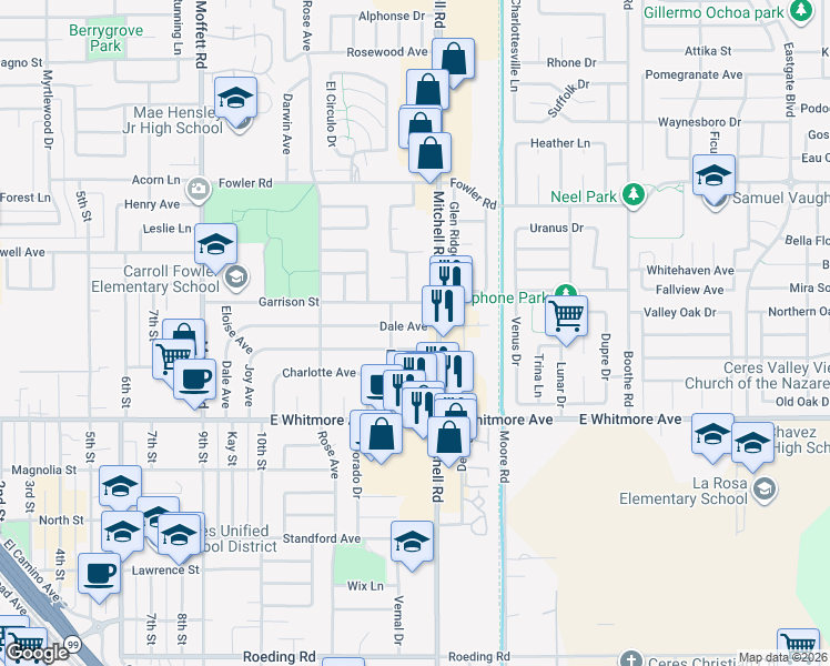 map of restaurants, bars, coffee shops, grocery stores, and more near 2912 Dale Avenue in Ceres
