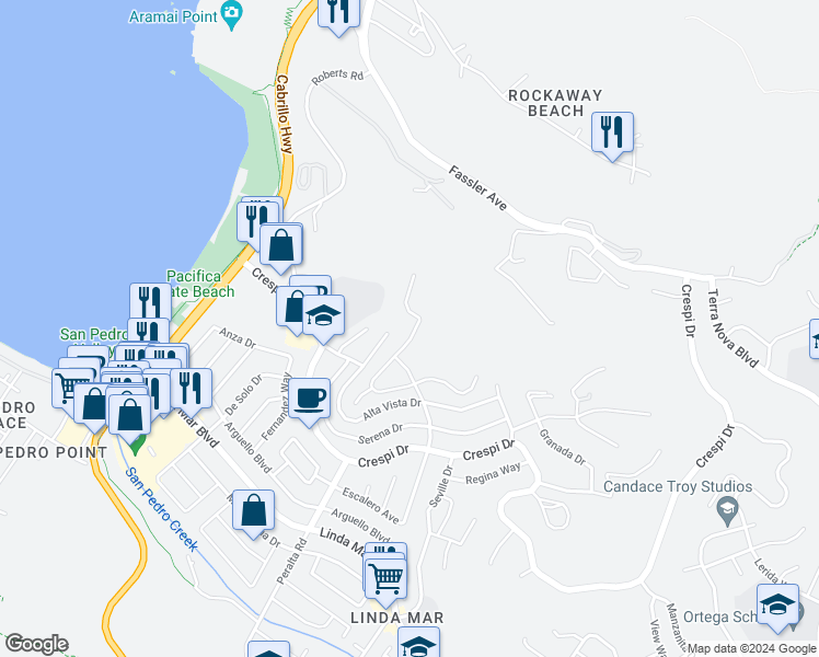map of restaurants, bars, coffee shops, grocery stores, and more near 674 Corona Drive in Pacifica