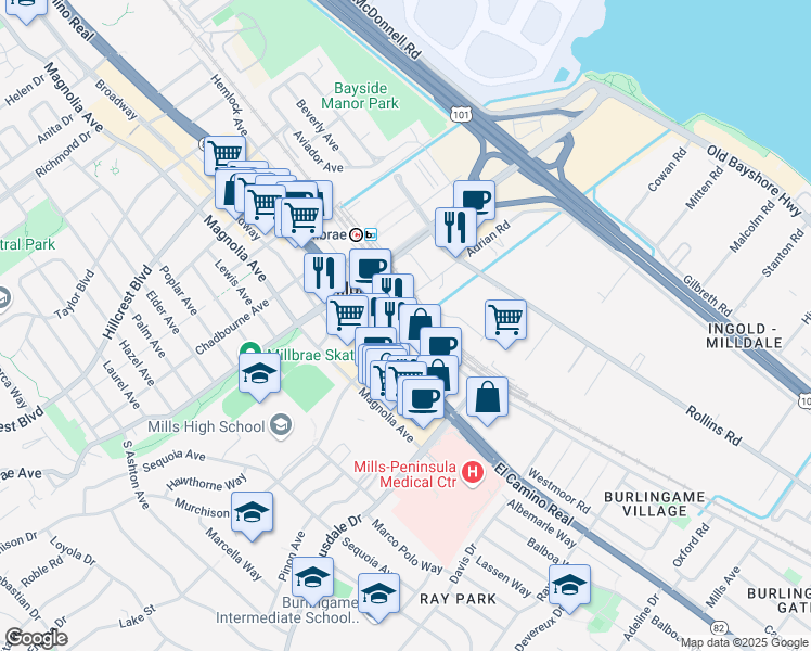 map of restaurants, bars, coffee shops, grocery stores, and more near 199 California Drive in Millbrae