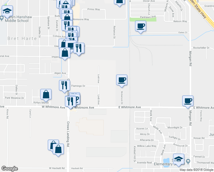 map of restaurants, bars, coffee shops, grocery stores, and more near 2416 Nickerson Drive in Modesto