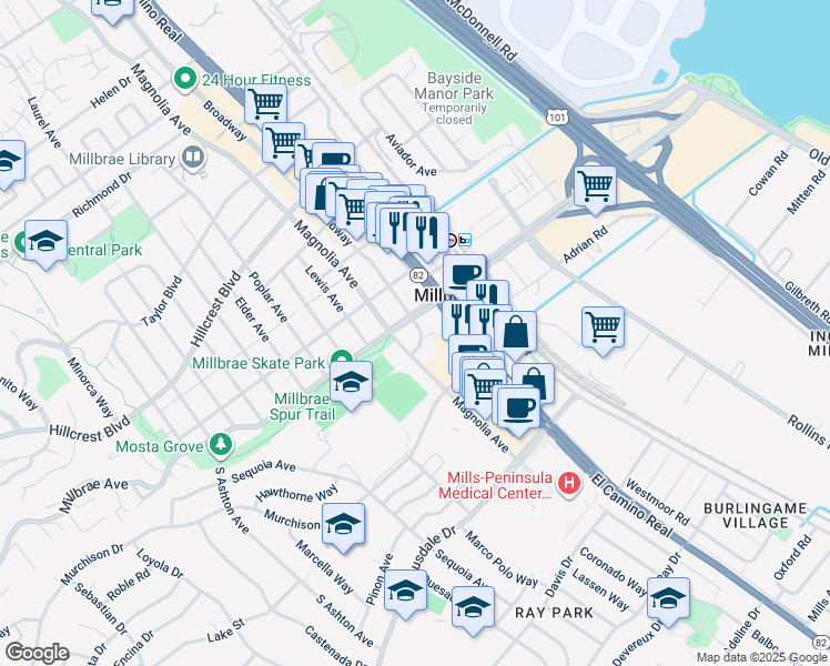 map of restaurants, bars, coffee shops, grocery stores, and more near 88 South Broadway in Millbrae
