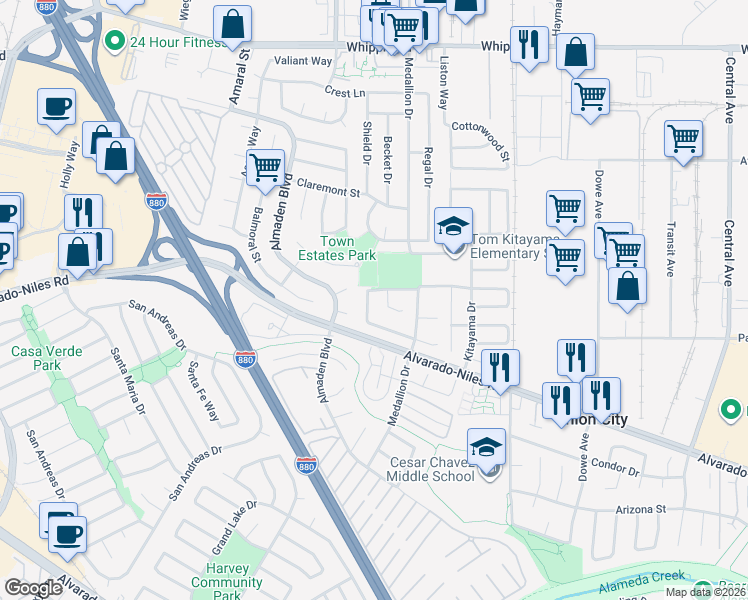 map of restaurants, bars, coffee shops, grocery stores, and more near 32244 Derby Street in Union City