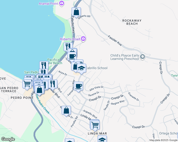 map of restaurants, bars, coffee shops, grocery stores, and more near 15 Ortega Court in Pacifica
