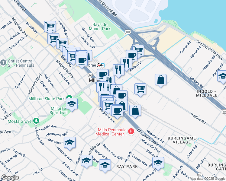 map of restaurants, bars, coffee shops, grocery stores, and more near 199 California Drive in Millbrae