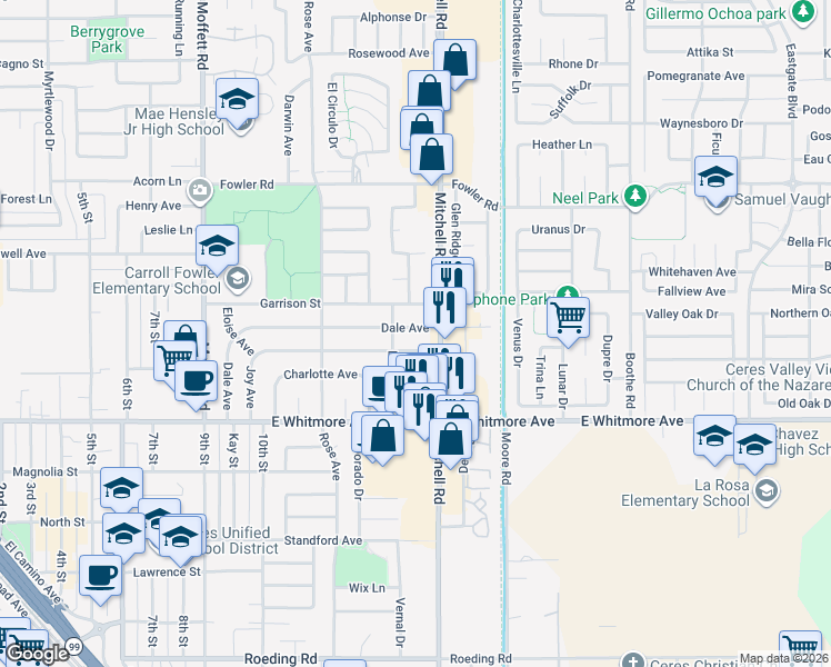 map of restaurants, bars, coffee shops, grocery stores, and more near 2912 Dale Avenue in Ceres