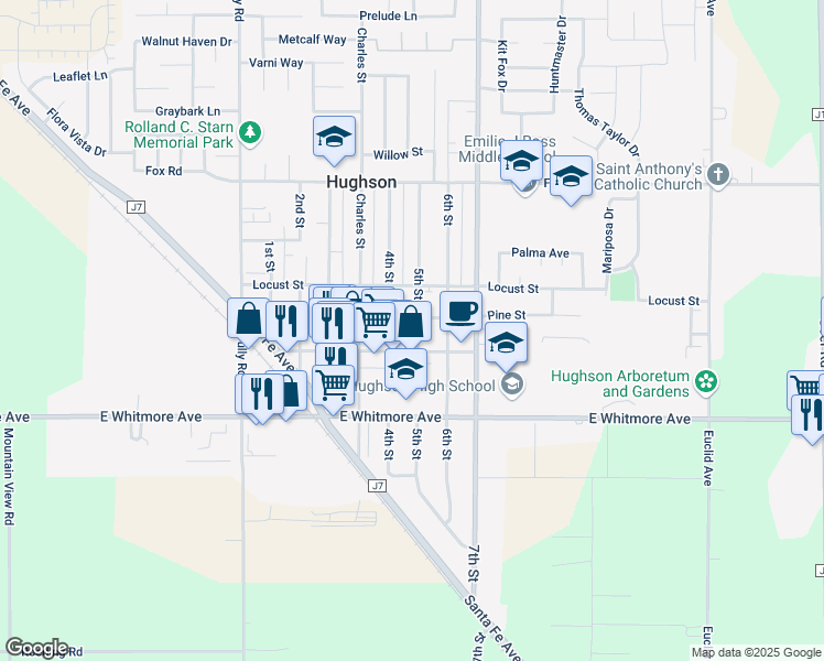 map of restaurants, bars, coffee shops, grocery stores, and more near 2306 4th Street in Hughson
