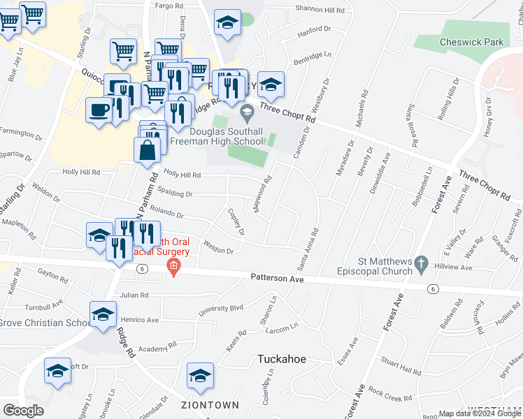 map of restaurants, bars, coffee shops, grocery stores, and more near 1205 Maywood Road in Richmond