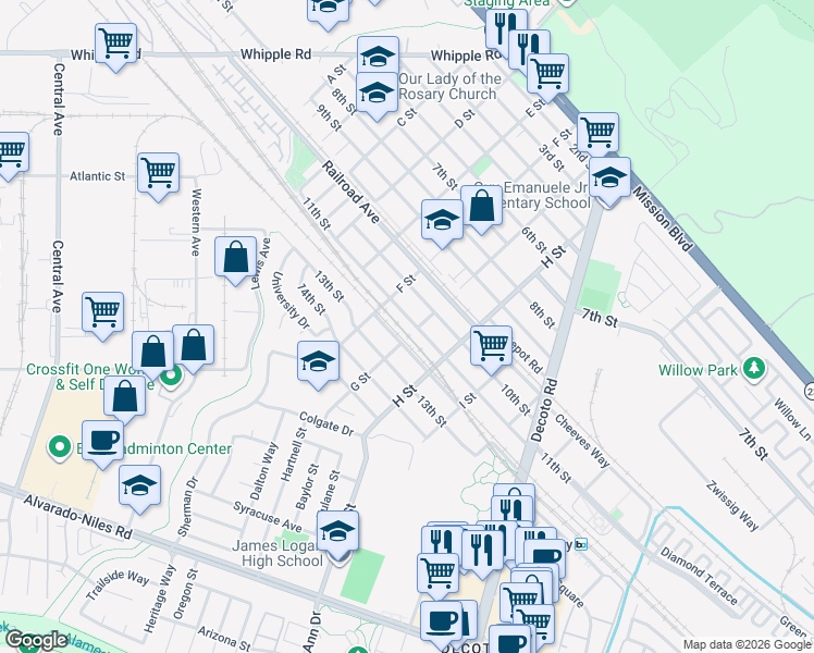 map of restaurants, bars, coffee shops, grocery stores, and more near 33714 11th Street in Union City