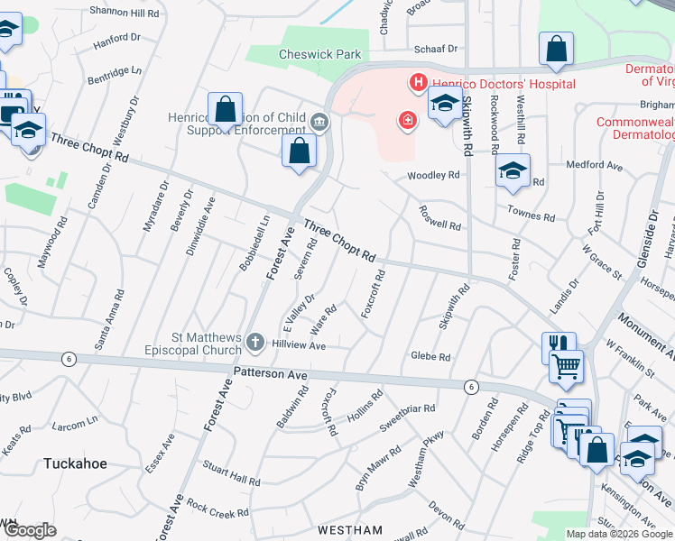 map of restaurants, bars, coffee shops, grocery stores, and more near 1405 Chowan Road in Richmond