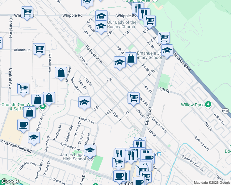 map of restaurants, bars, coffee shops, grocery stores, and more near 33714 11th Street in Union City