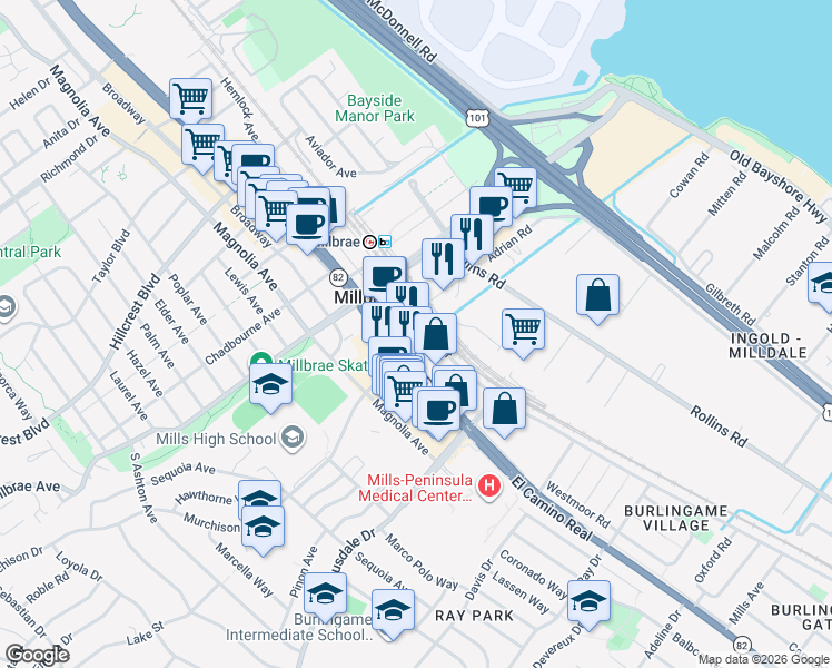 map of restaurants, bars, coffee shops, grocery stores, and more near 199 California Drive in Millbrae