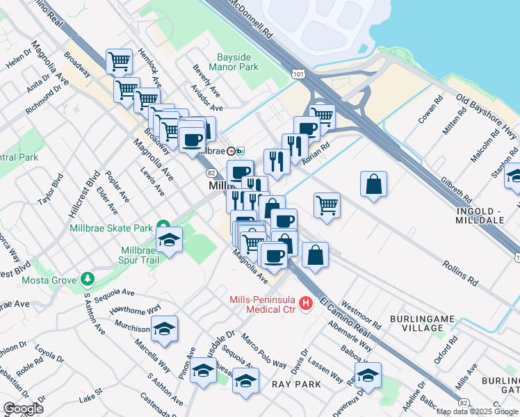 map of restaurants, bars, coffee shops, grocery stores, and more near 199 California Drive in Millbrae
