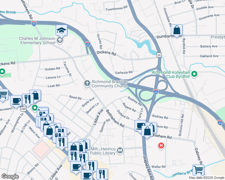 map of restaurants, bars, coffee shops, grocery stores, and more near 2545 Hickory Knoll Lane in Richmond