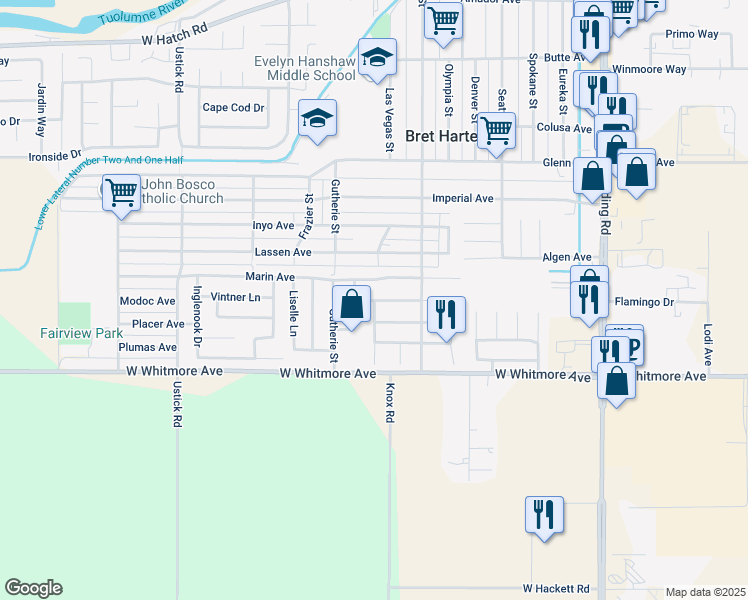 map of restaurants, bars, coffee shops, grocery stores, and more near 801 Park Hurst Way in Modesto