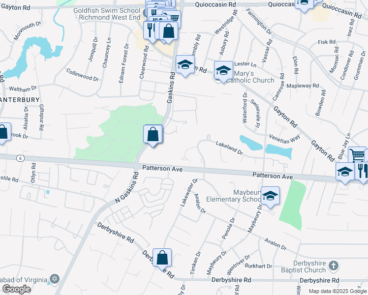 map of restaurants, bars, coffee shops, grocery stores, and more near 9504 Lakewater Court in Richmond