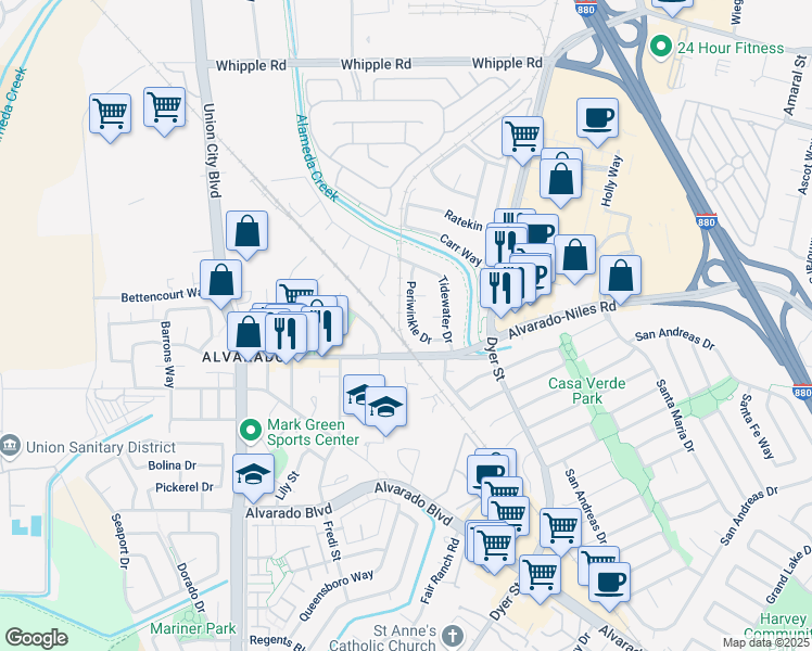 map of restaurants, bars, coffee shops, grocery stores, and more near 30911 Periwinkle Drive in Union City